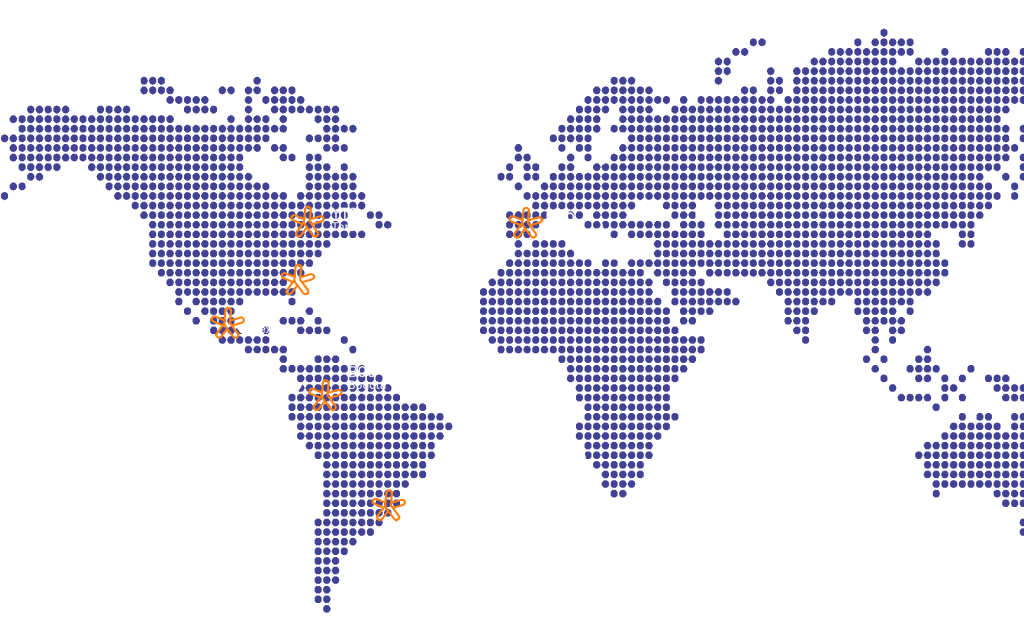 Map with locations of MindShore offices in Madrid, Totonto, Miami, Mexico City, Bogota and Buenos Aires.